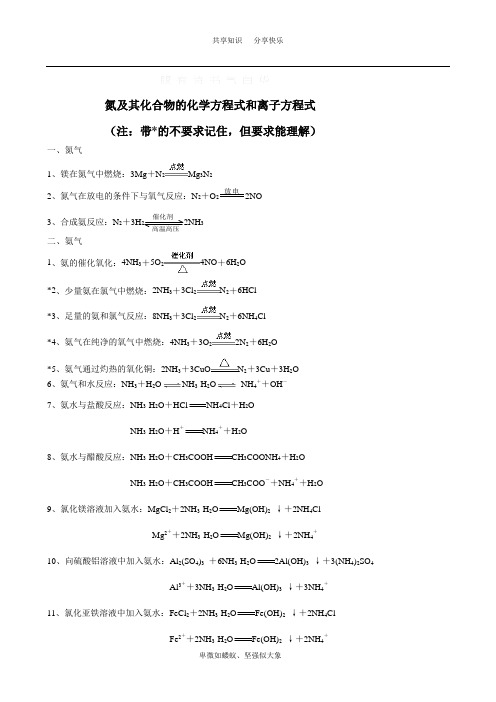 氮及其化合物的化学方程式和离子方程式