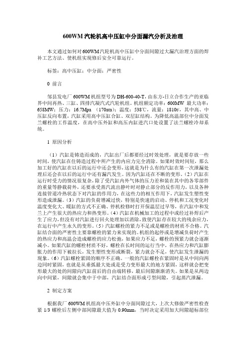 600WM汽轮机高中压缸中分面漏汽分析及治理