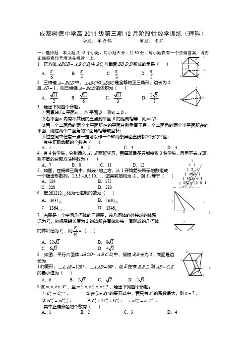 成都树德中学高2011级第三期12月阶段性数学训练