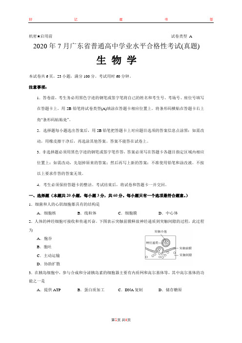 2020年7月广东省普通高中学业水平合格性考试生物真题(含答案)