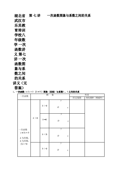 湖北省武汉市乐其教育培训学校八年级数学 一次函数讲义 第七讲 一次函数图象与系数之间的关系 讲义(无