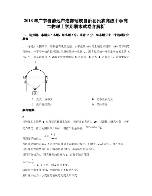 2018年广东省清远市连南瑶族自治县民族高级中学高二物理上学期期末试卷含解析