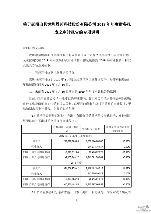 丹邦科技：关于延期出具公司2019年年度财务报表之审计报告的专项说明