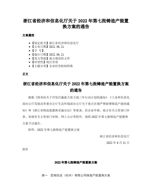 浙江省经济和信息化厅关于2022年第七批铸造产能置换方案的通告