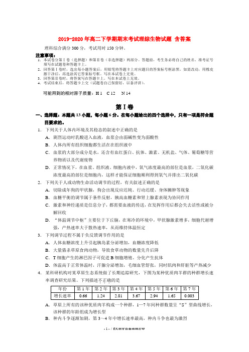 2019-2020年高二下学期期末考试理综生物试题 含答案