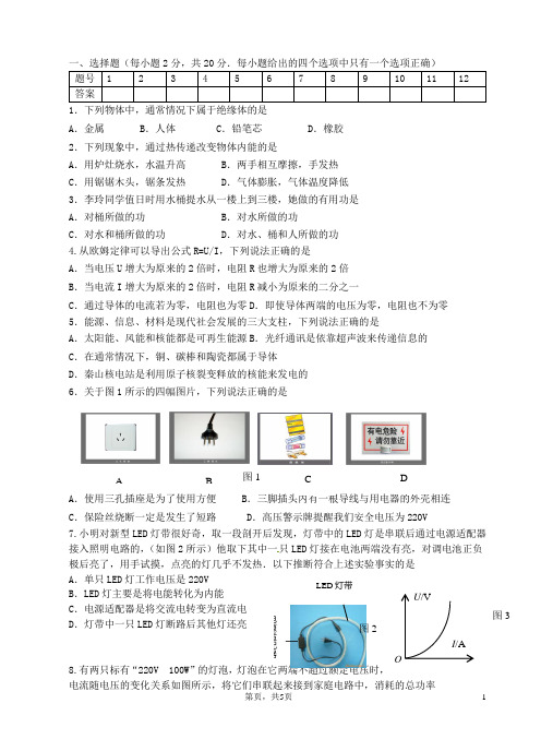 九年级物理新课结束考试试卷(无答案) 苏科版