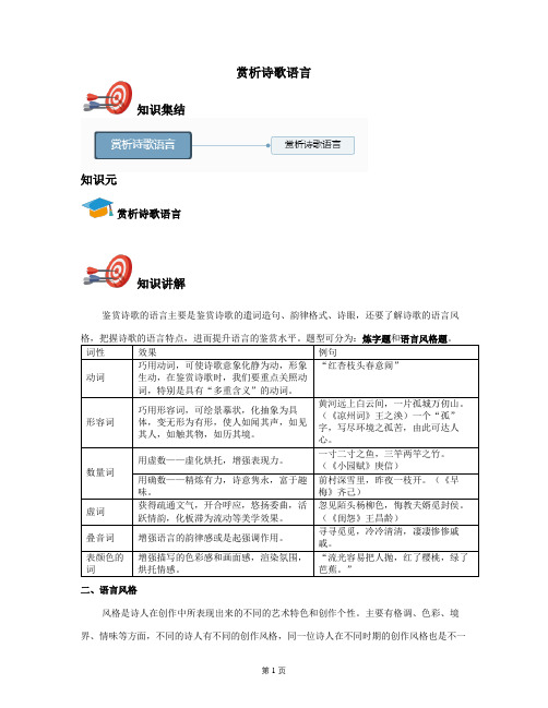2021年全国高考语文人教新版特色专题：赏析诗歌语言-(讲义教师版)
