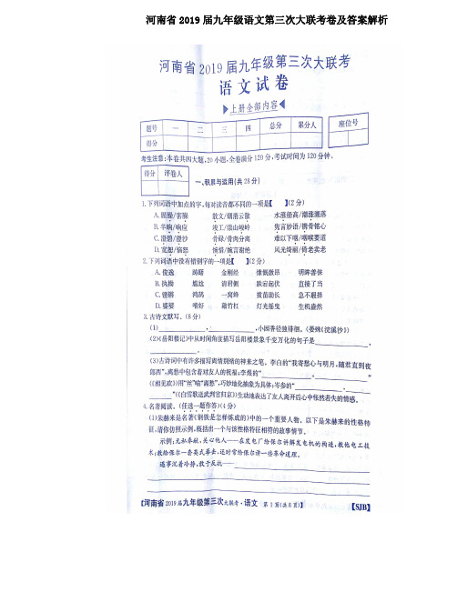 河南省2019届九年级语文第三次大联考卷及答案解析