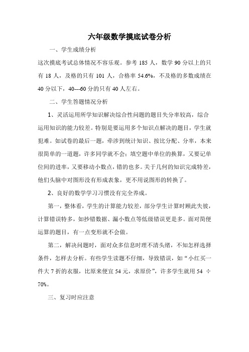 六年级数学摸底试卷分析