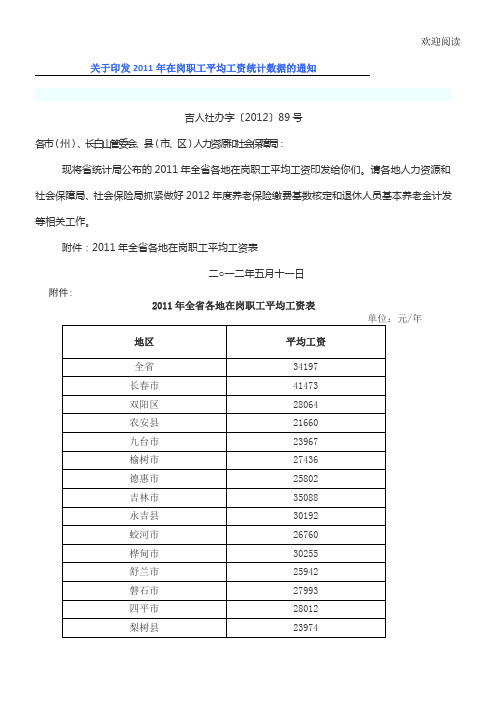 吉林省2011年在岗职工平均工资(吉人社办字〔2012〕89号