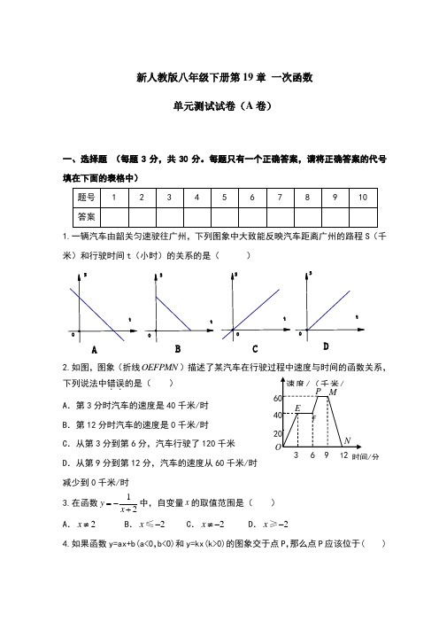 新人教版八年级下册第19章 一次函数 单元测试试卷(A卷)