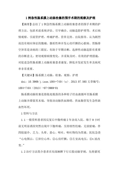 1例急性肠系膜上动脉栓塞围手术期观察及护理
