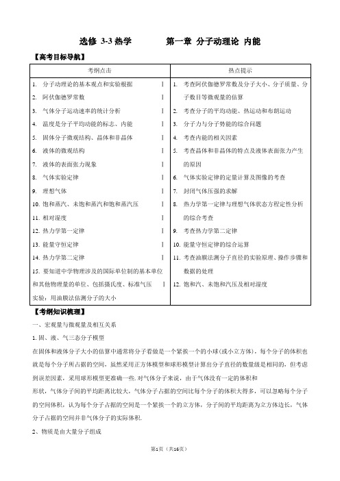 2012版物理一轮精品复习学案：第3-3.1一章 分子动理论 内能(选修3-3)