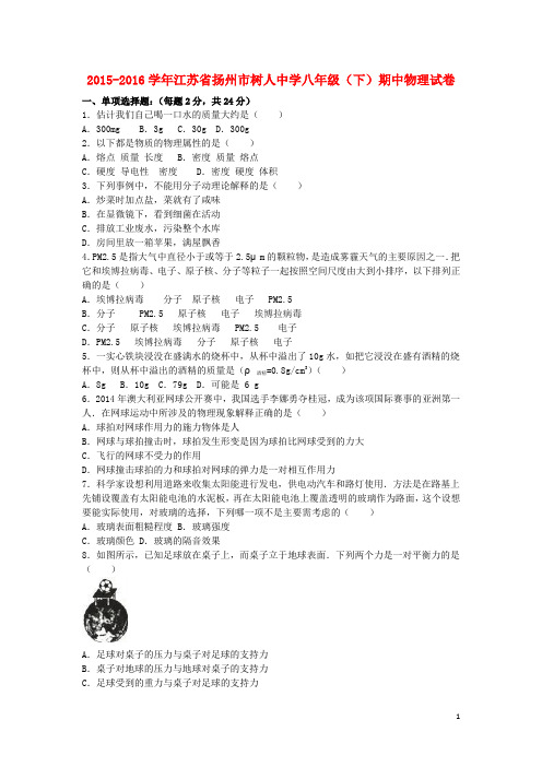江苏省扬州市树人中学八年级物理下学期期中试题(含解