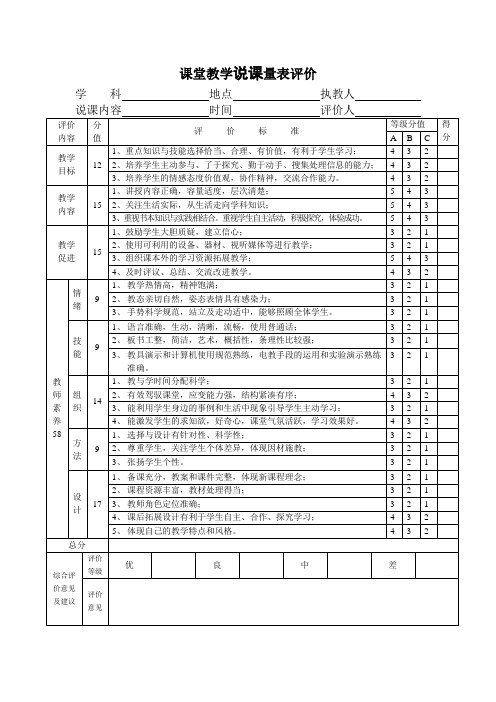 说课教学量表评价