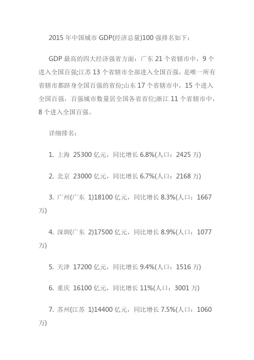 2015年 度全国GDP百强