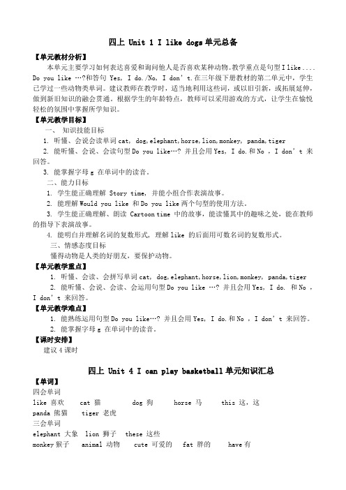 四年级上册英语单元知识点汇总-Unit1 I like dogs 译林版(三起)