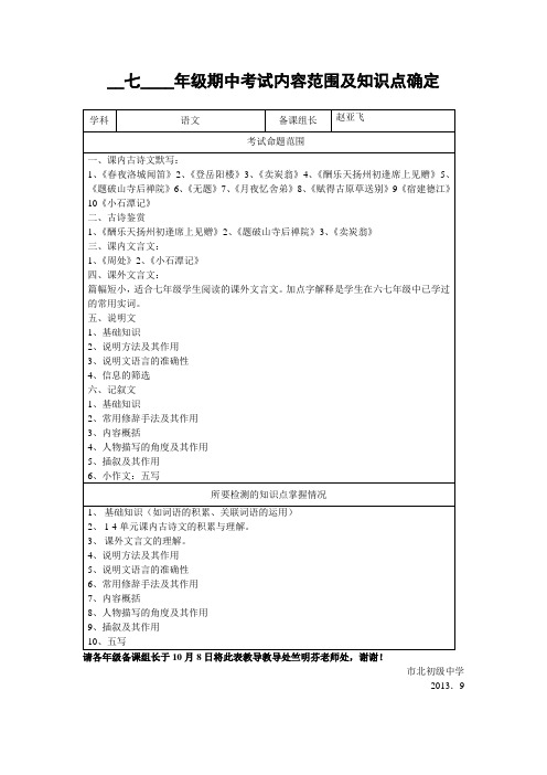 七年级上期中考试内容范围及知识点确定