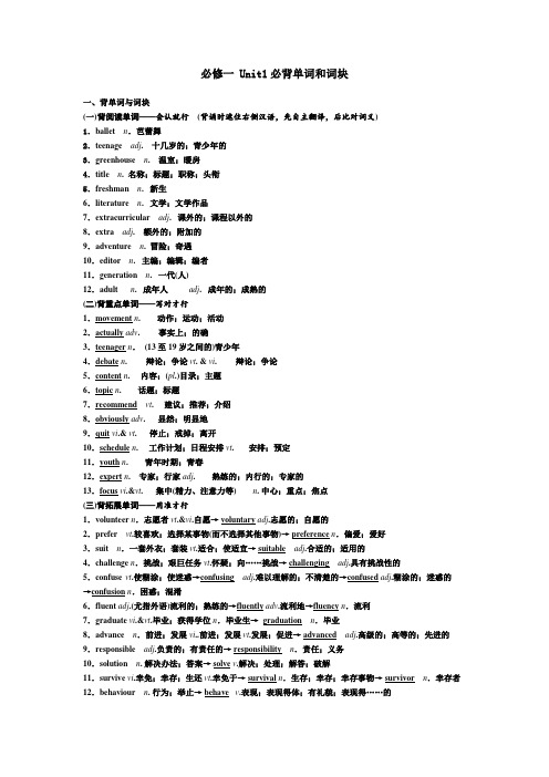 人教版高中英语必修一 Unit 1 必背单词和词块