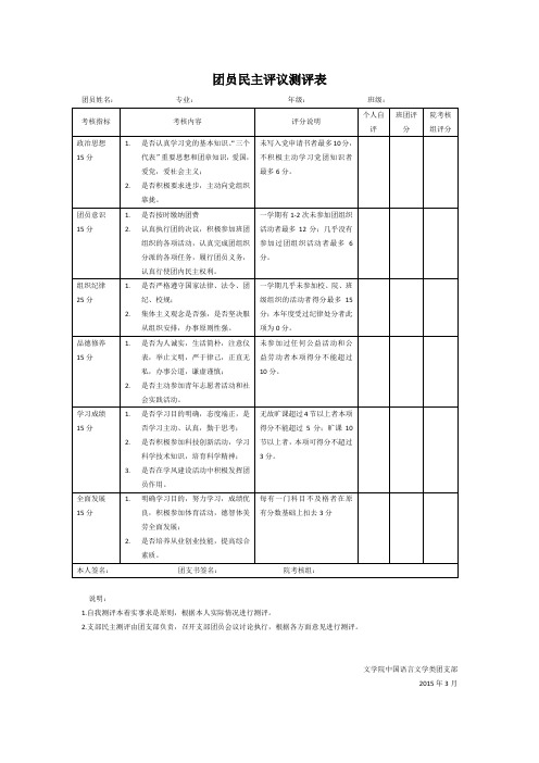 团员民主评议测评表