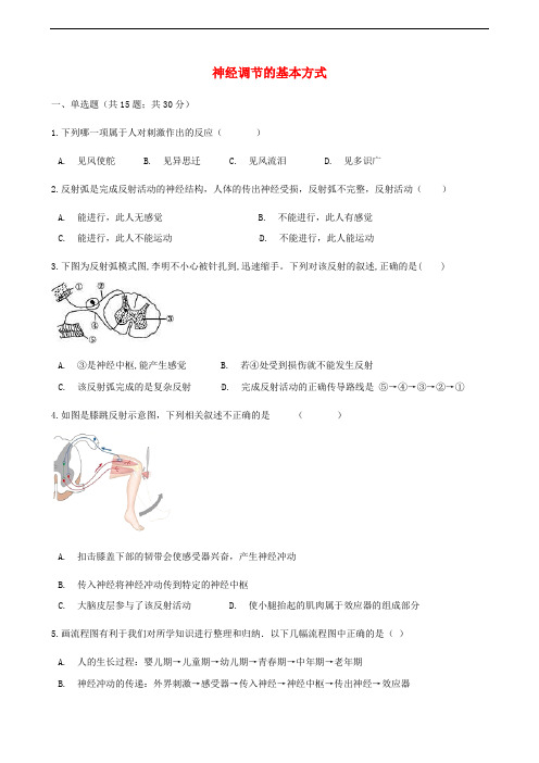 人教版七年级下册生物同步测试卷--神经调节的基本方式(含答案解析)