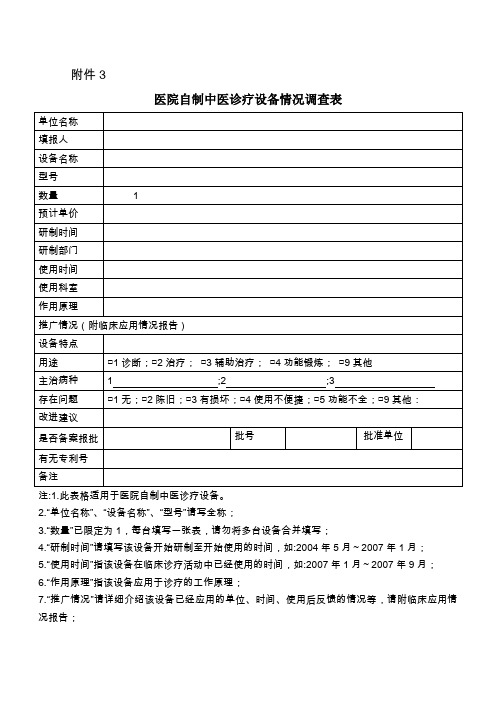 医院自制中医诊疗设备情况调查表