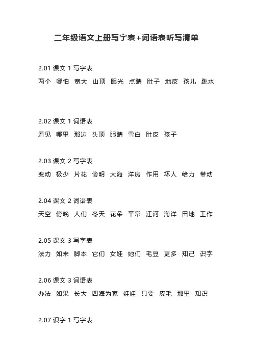 部编语文二年级上册写字表+词语表听写清单