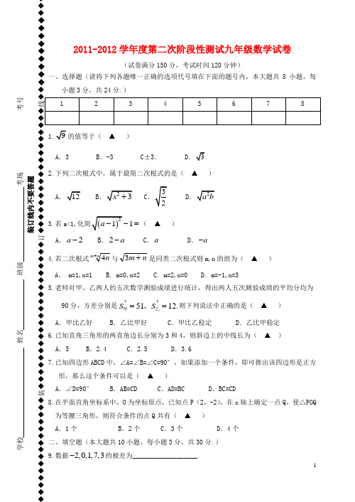 2011-2012九年级数学上学期期中调研测试卷 苏科版.doc