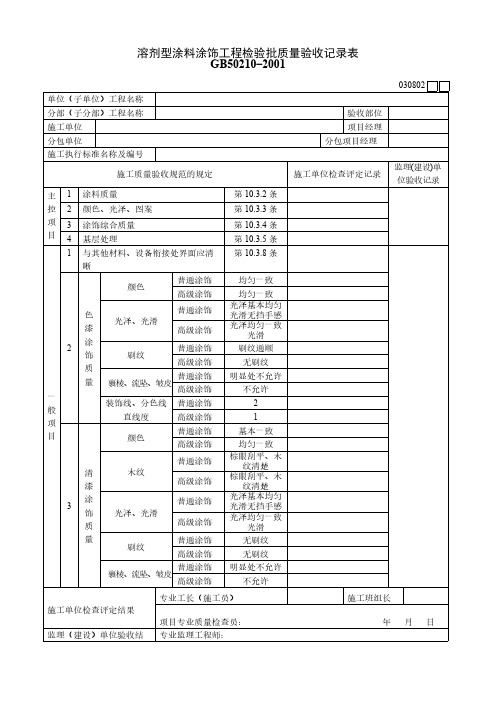 溶剂型涂料涂饰工程检验批质量验收记录表