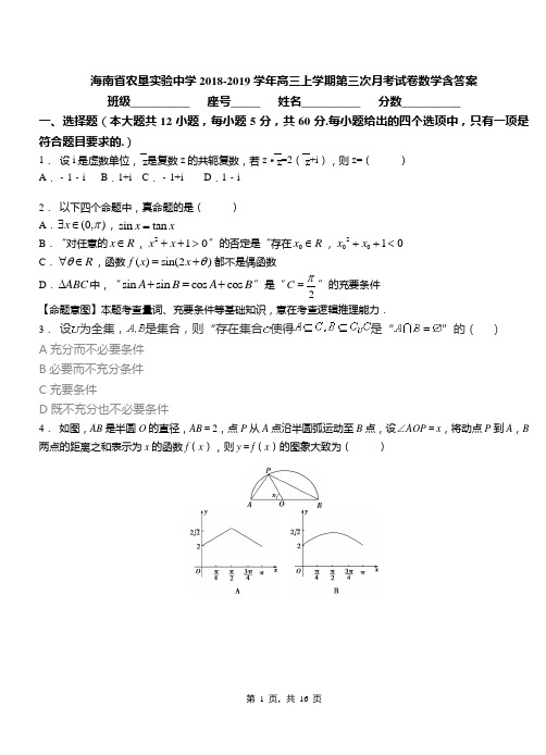 海南省农垦实验中学2018-2019学年高三上学期第三次月考试卷数学含答案