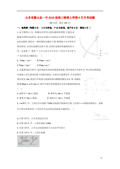山东省微山县一中2019届高三物理上学期9月月考试题