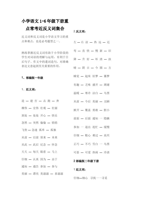 小学语文1-6年级下册重点常考近反义词集合