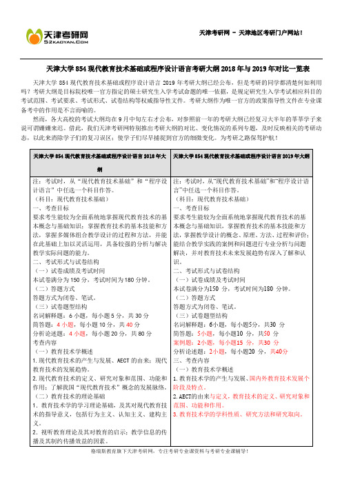 天津大学854现代教育技术基础或程序设计语言考研大纲2018年与2019年对比一览表
