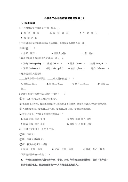 【6套打包】上海疁城实验学校小升初一模语文试卷及答案