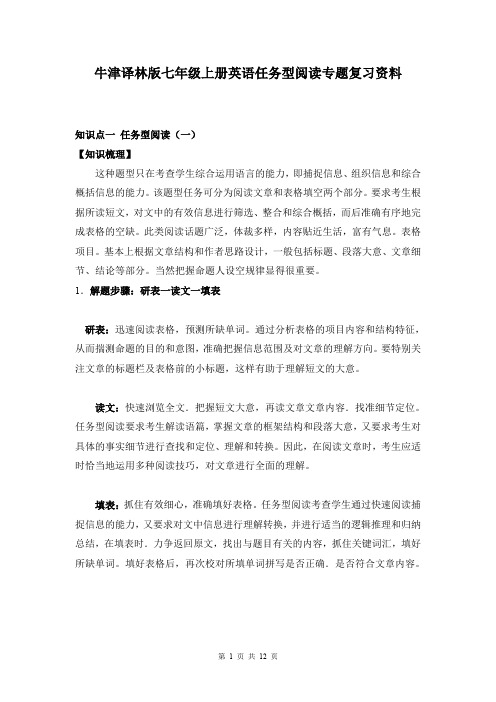 牛津译林版七年级上册英语任务型阅读专题复习资料(含练习题及答案)