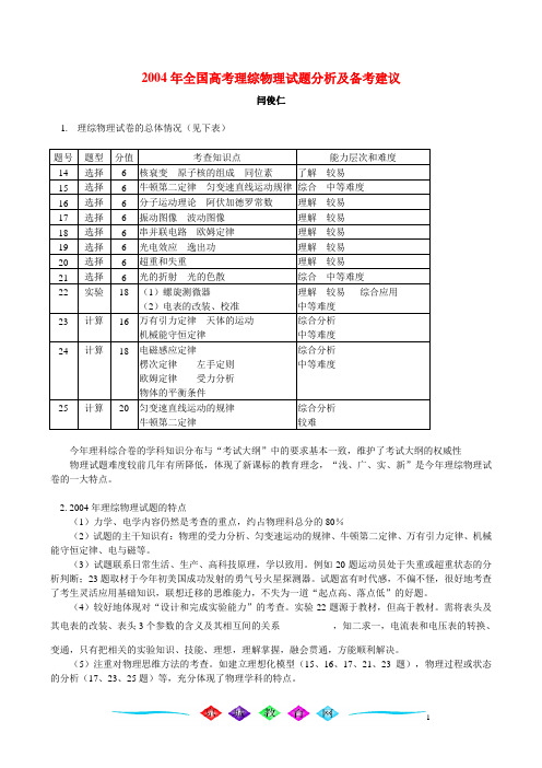 2004年全国高考理综物理试题分析及备考建议 学法指导