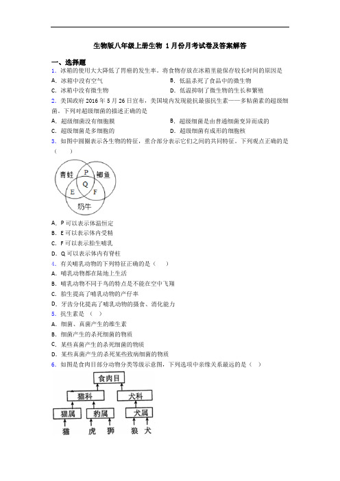 生物版八年级上册生物 1月份月考试卷及答案解答