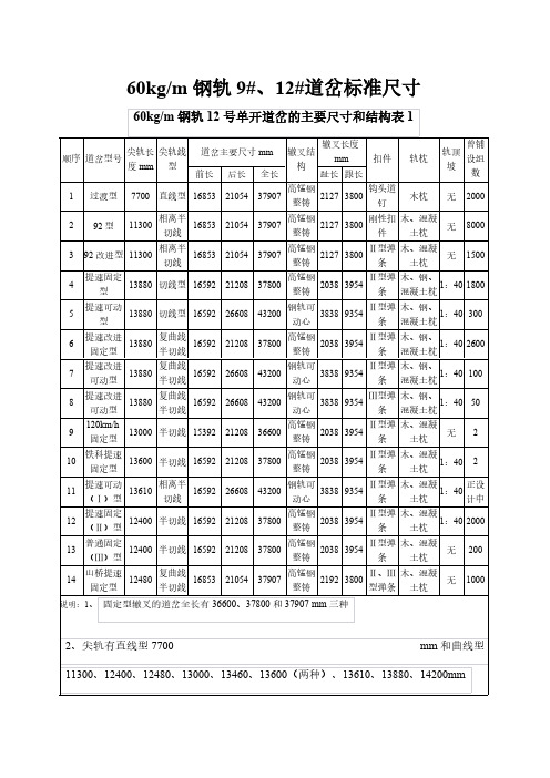【免费下载】9#12#道岔部分重要标准尺寸和支距