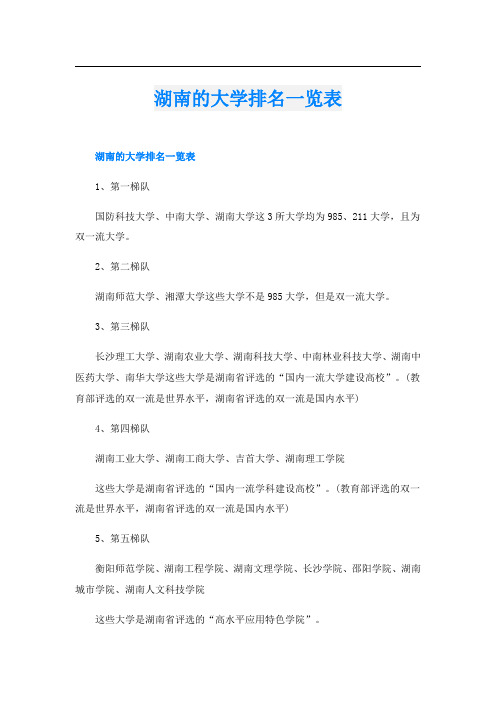 湖南的大学排名一览表