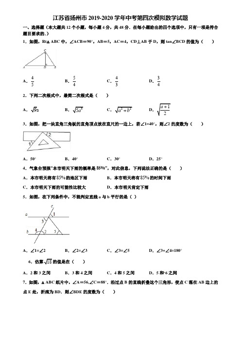 江苏省扬州市2019-2020学年中考第四次模拟数学试题含解析