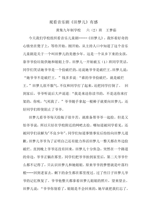 观看音乐剧《田梦儿》有感   王梦茹
