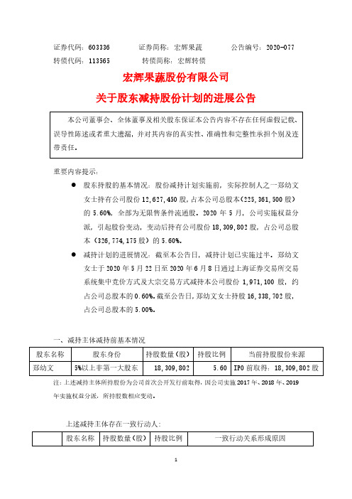 宏辉果蔬：关于股东减持股份计划的进展公告