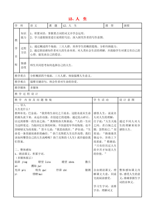 九年级语文下册 3.12《人 生》教案 新人教版