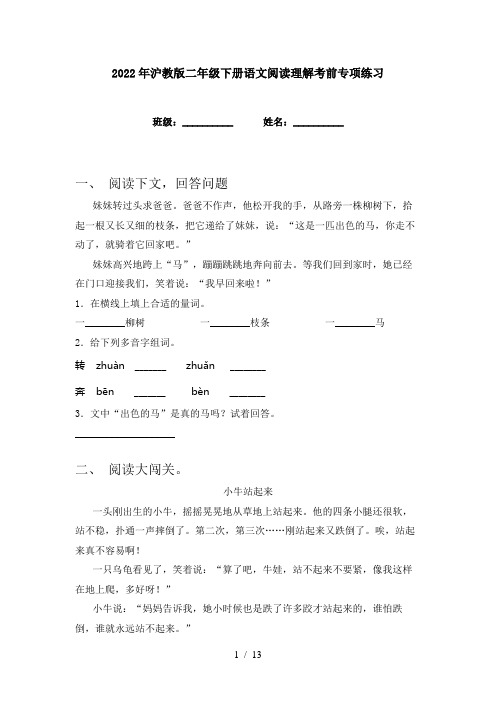 2022年沪教版二年级下册语文阅读理解考前专项练习