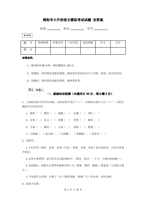 绵阳市小升初语文模拟考试试题 含答案
