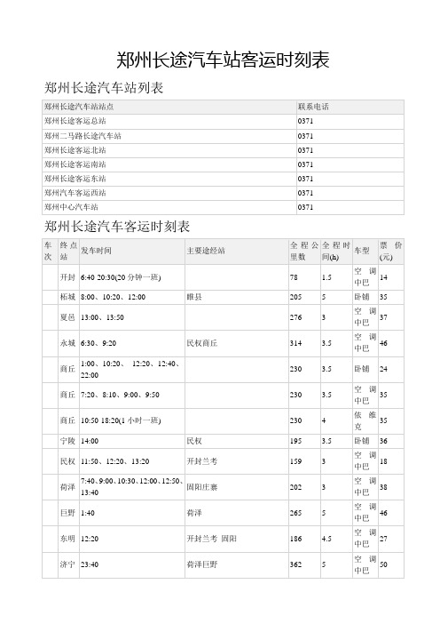 郑州长途汽车站客运时刻表