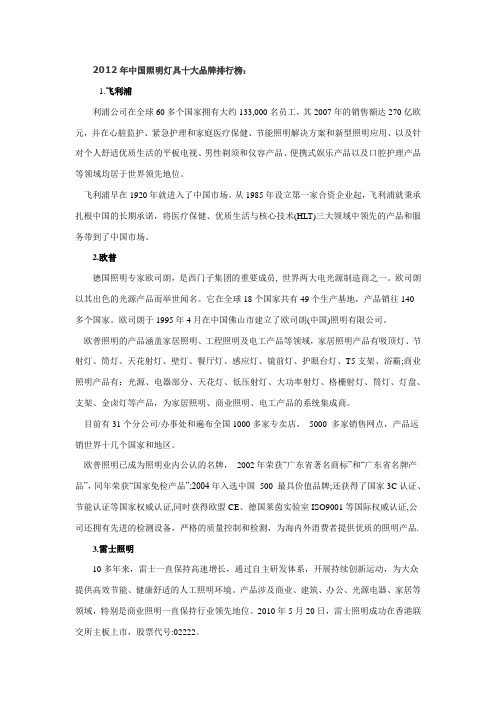 2012年中国照明灯具十大品牌排行榜出台