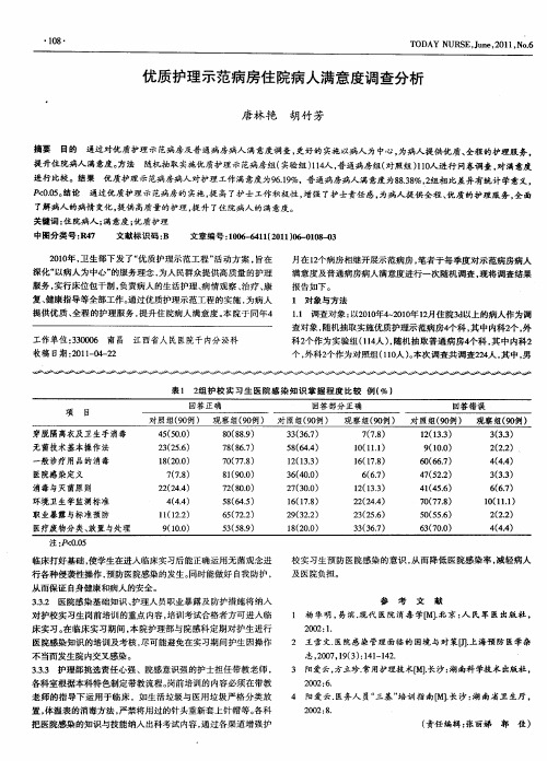 优质护理示范病房住院病人满意度调查分析