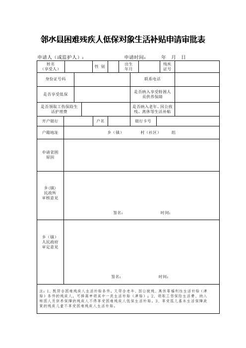 邻水困难残疾人低保对象生活补贴申请审批表