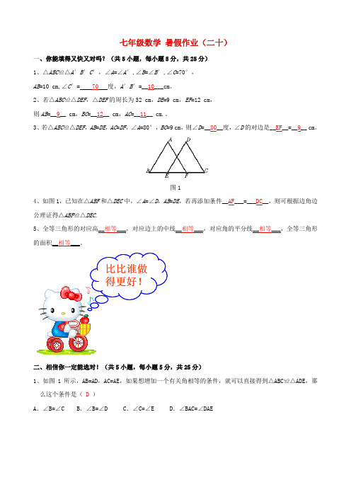 七年级数学 暑假作业(二十) 北师大版